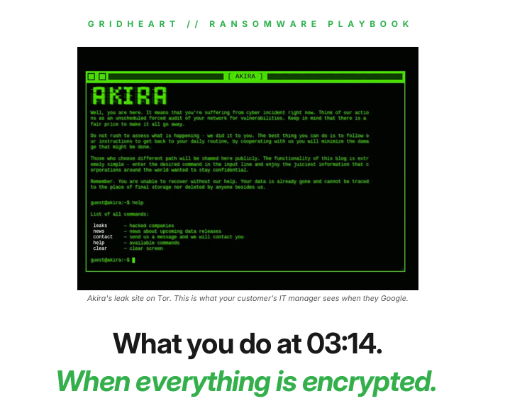 Screenshot des Terminalbildschirms der Akira-Ransomware-Gruppe. Grüner Monospace-Text auf schwarzem Hintergrund mit der Überschrift AKIRA in Pixelkunst. Der Text lautet: Well, you are here. It means that you're suffering from cyber incident right now. Think of our actions as an unscheduled forced audit of your network for vulnerabilities. Keep in mind that there is a fair price to make it all go away. Do not rush to assess what is happening - we did it to you. The best thing you can do is to follow our instructions to get back to your daily routine. Those who choose different path will be shamed here publicly. Remember. You are unable to recover without our help. Your data is already gone. Darunter eine Befehlsliste: leaks, news, contact, help, clear.