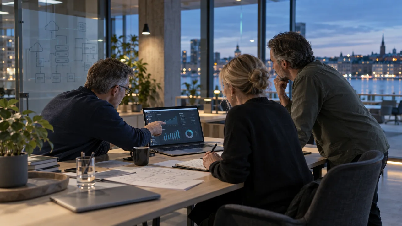 Tre kolleger arbejder sammen omkring en bærbar computer på et kontor i aftenlys